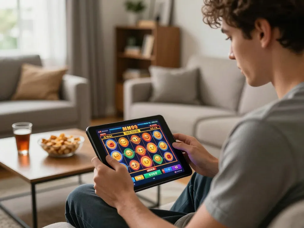 Engaging in MM99 Slot gameplay on a tablet in a cozy home setting.