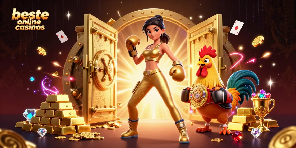 Highlight the beste online casinos with a dynamic scene featuring a strong female fighter alongside a championship rooster and poker elements.