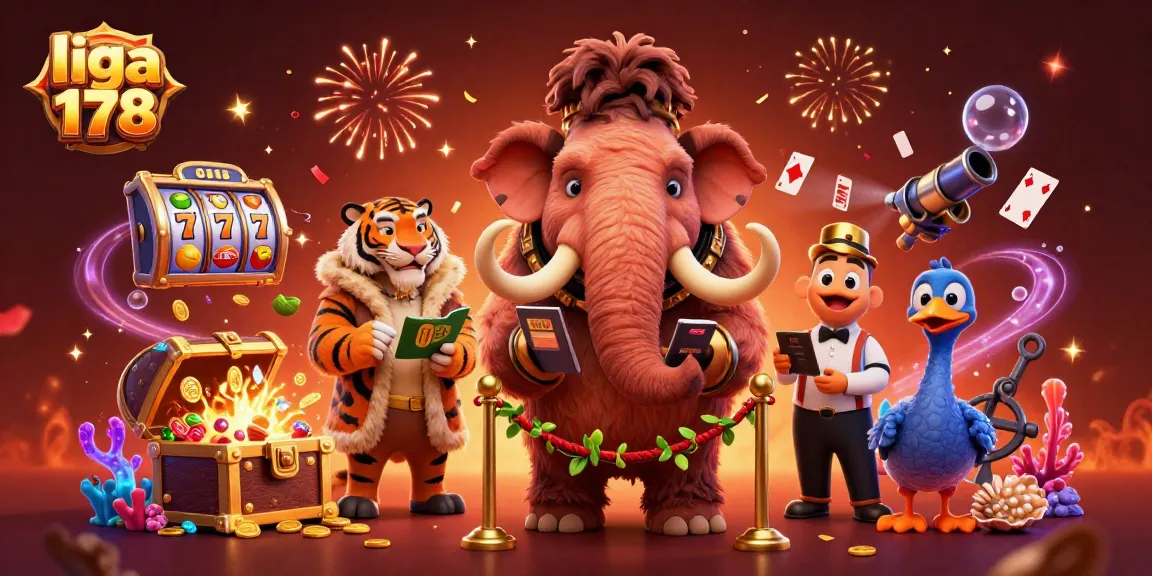 Ilustrasi 3D liga 178 menampilkan mammoth dan harimau, dengan elemen slot yang menarik.