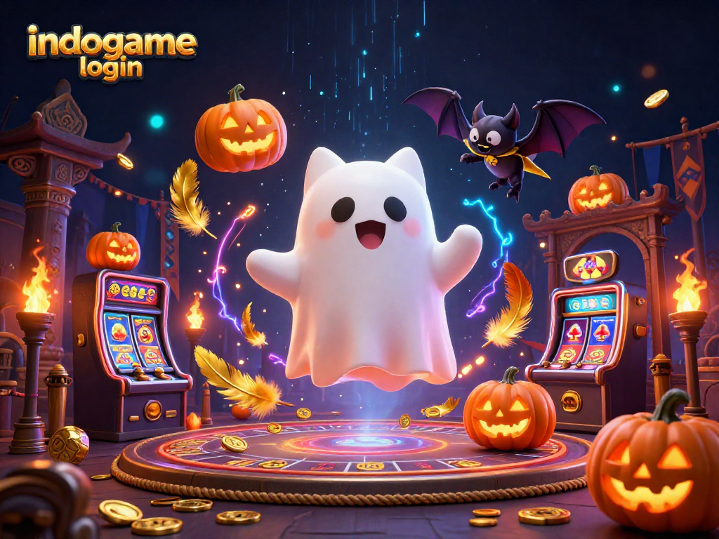 Engage with indogame login to play thrilling casino games surrounded by a whimsical ghost cat and magical elements.