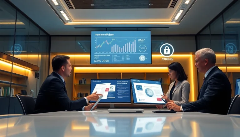 Scène financière high-tech présentant les solutions d’assurance 79king dans un environnement professionnel et sécurisé