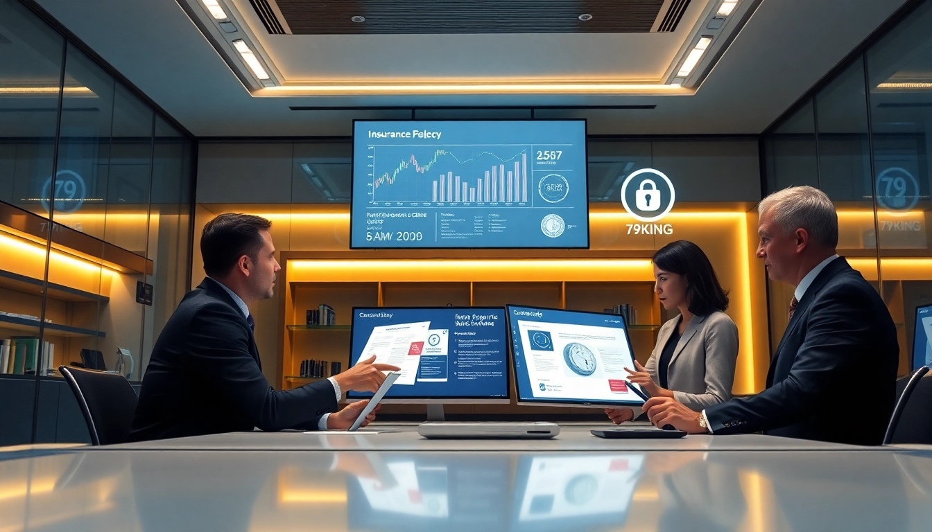 Scène financière high-tech présentant les solutions d’assurance 79king dans un environnement professionnel et sécurisé