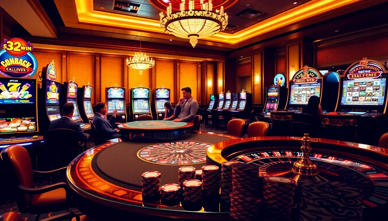 Experience the thrill of gambling on 32win with a vibrant casino scene featuring poker, slots, and roulette.