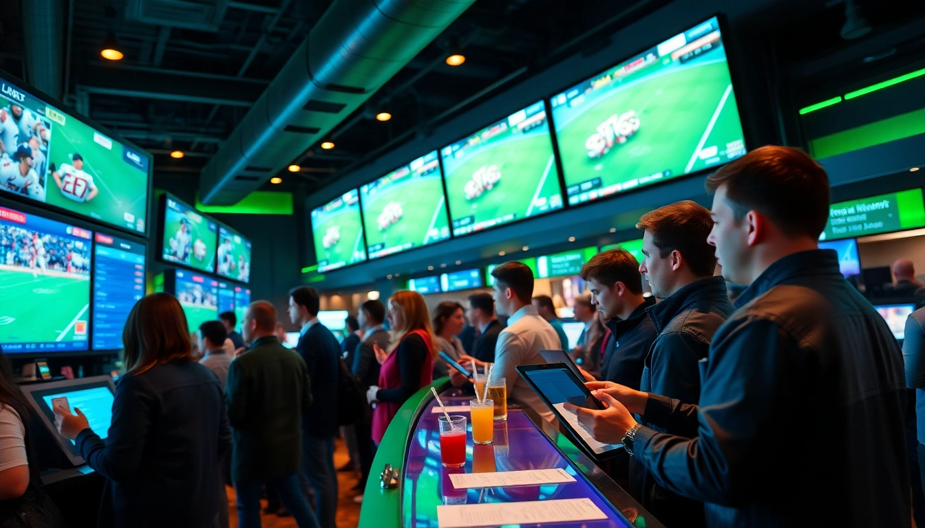 Engaged customers placing bets on Sports Betting at a dynamic, vibrant sportsbook environment.