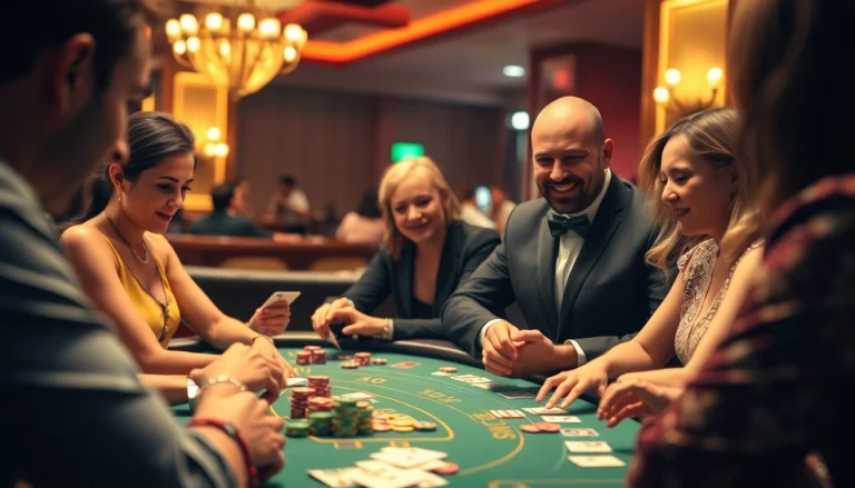 Players enjoying an engaging game at a Blackjack Casino table with colorful chips and cards.