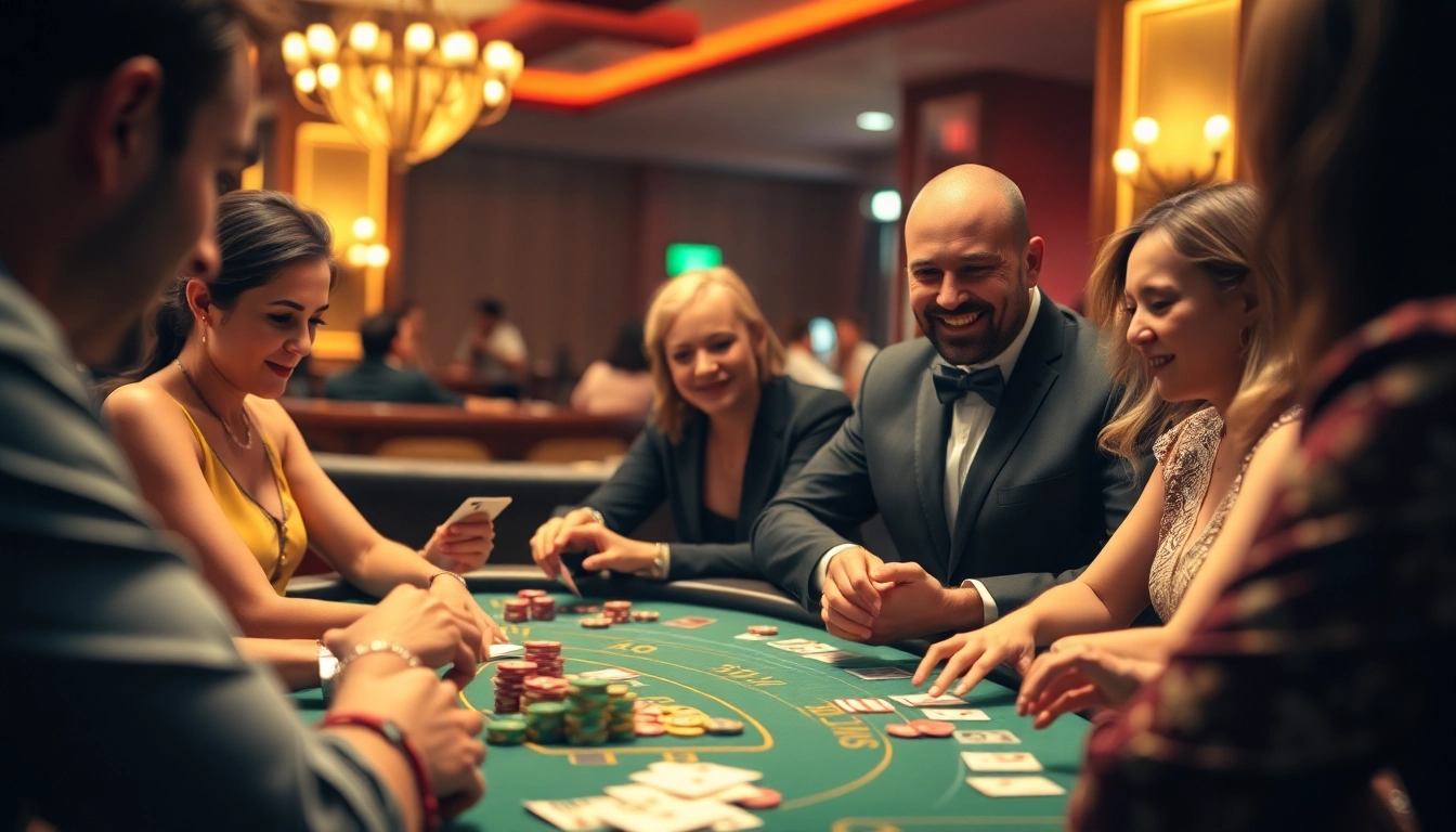 Players enjoying an engaging game at a Blackjack Casino table with colorful chips and cards.
