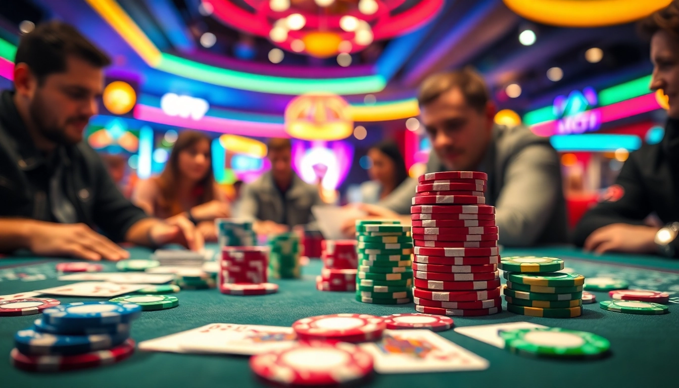 Engaged players enjoying a thrilling Poker Game at a vibrant casino table with colorful chips.