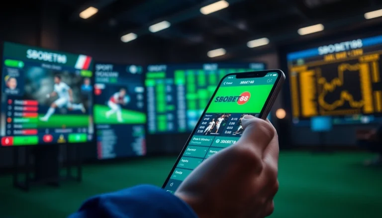Menampilkan tampilan menarik dari aplikasi SBOBET88 dengan berbagai opsi taruhan.