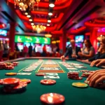 Engaging casino gaming scene with colorful chips and cards on a vibrant table.