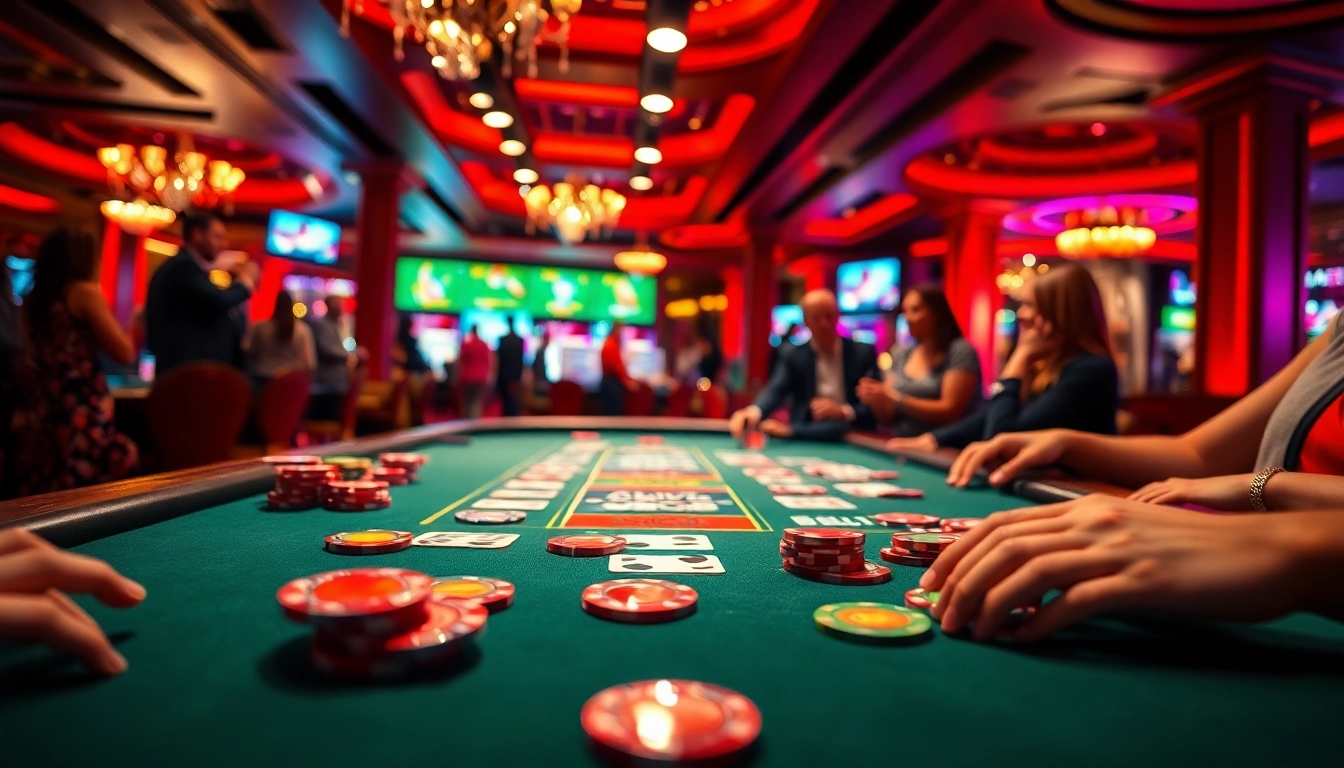 Engaging casino gaming scene with colorful chips and cards on a vibrant table.