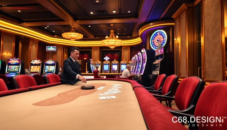 Experience high-stakes excitement at C168.DESIGN casino with vibrant gaming tables and slot machines.