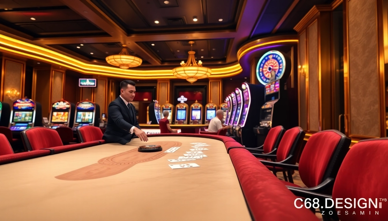 Experience high-stakes excitement at C168.DESIGN casino with vibrant gaming tables and slot machines.