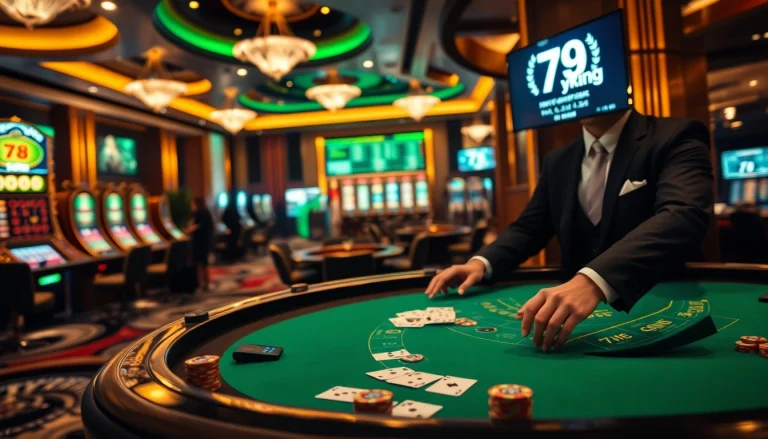 79king premium casino scene with dealer, cards, and live odds display