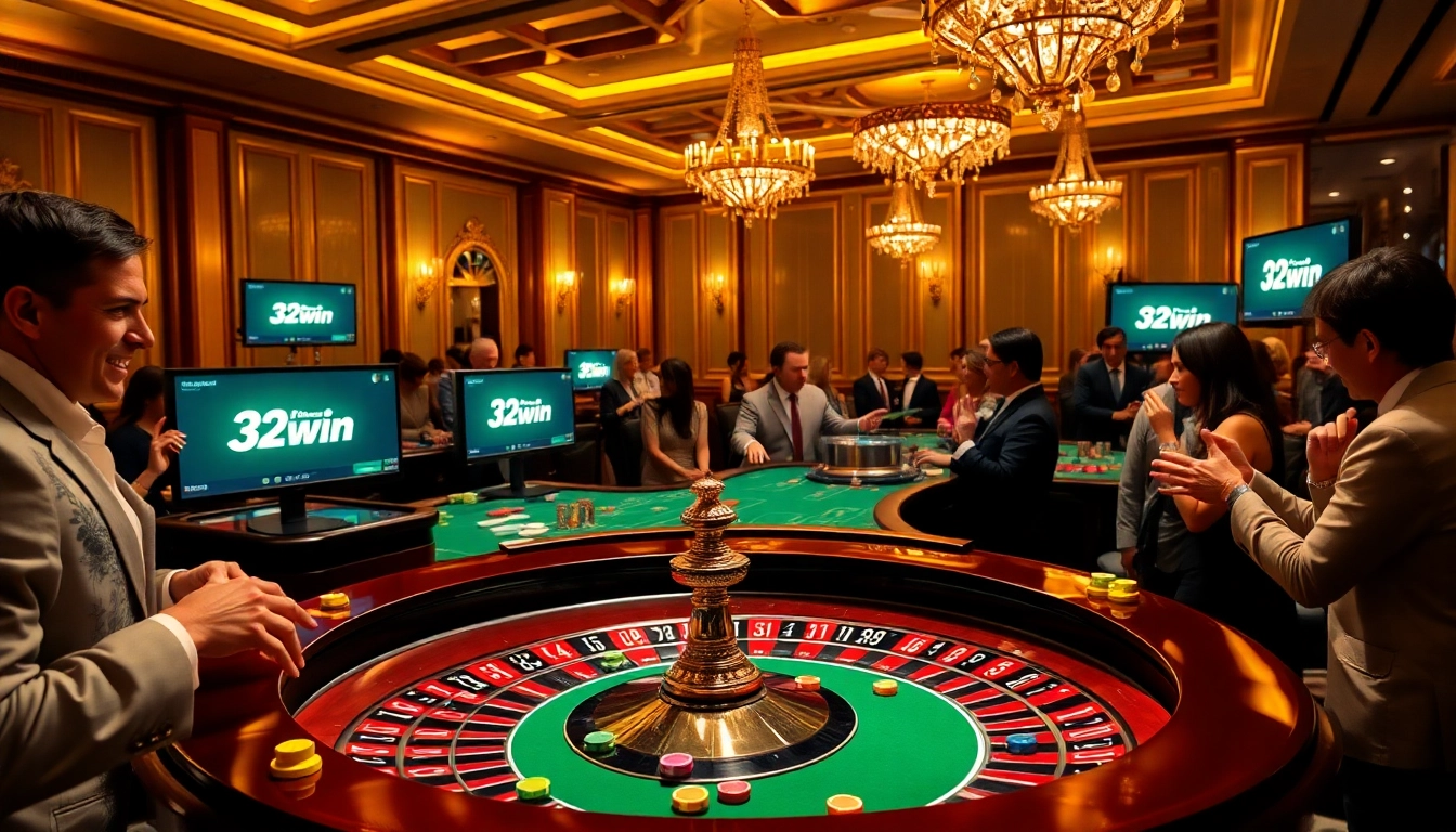 Gambling at 32win with players placing bets on an elegant roulette table.