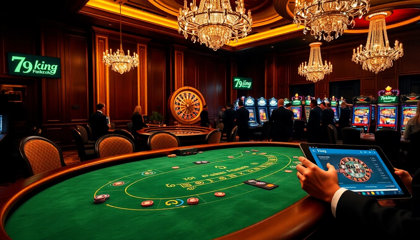 79king branded casino scene with roulette, blackjack, and slot machines in a luxurious setting