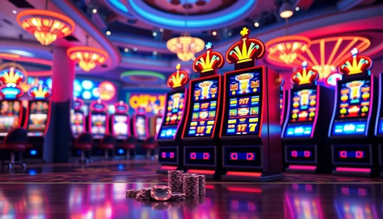 Slot Game menampilkan mesin slot berwarna-warni dalam suasana kasino yang cerah.