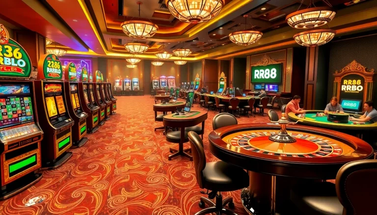 Experience high-energy gambling at RR88 with a bustling casino scene featuring slots, tables, and vibrant colors.