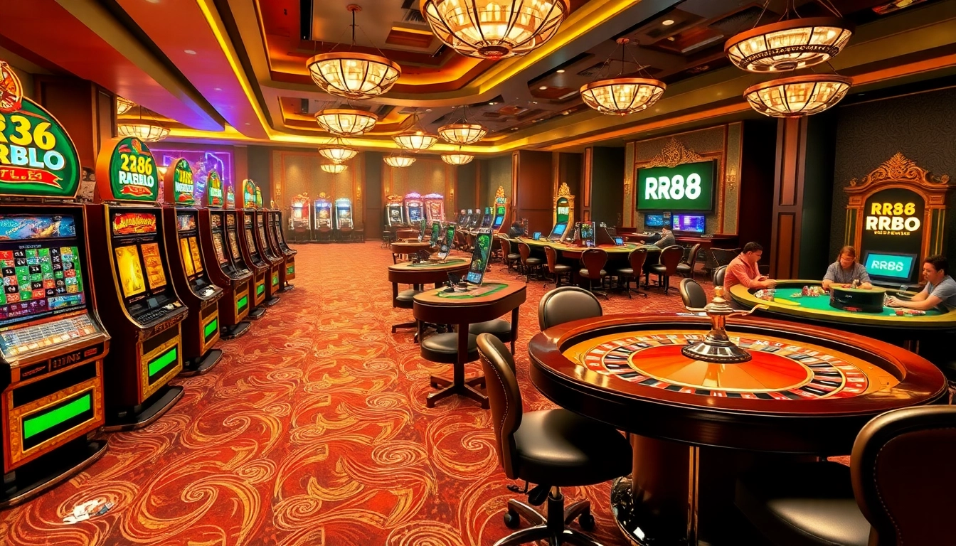 Experience high-energy gambling at RR88 with a bustling casino scene featuring slots, tables, and vibrant colors.