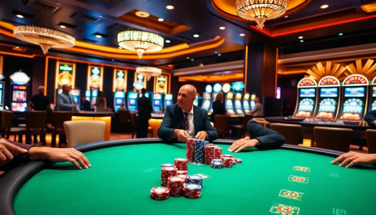 High-stakes gamblers enjoy poker at a luxurious casino featuring nohu-inspired decor elements.