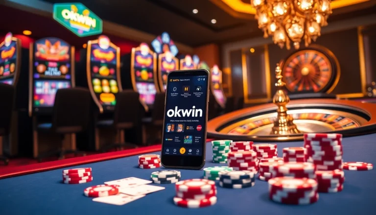 Experience high-stakes gambling action in a luxurious setting featuring okwin gaming tables and slot machines.