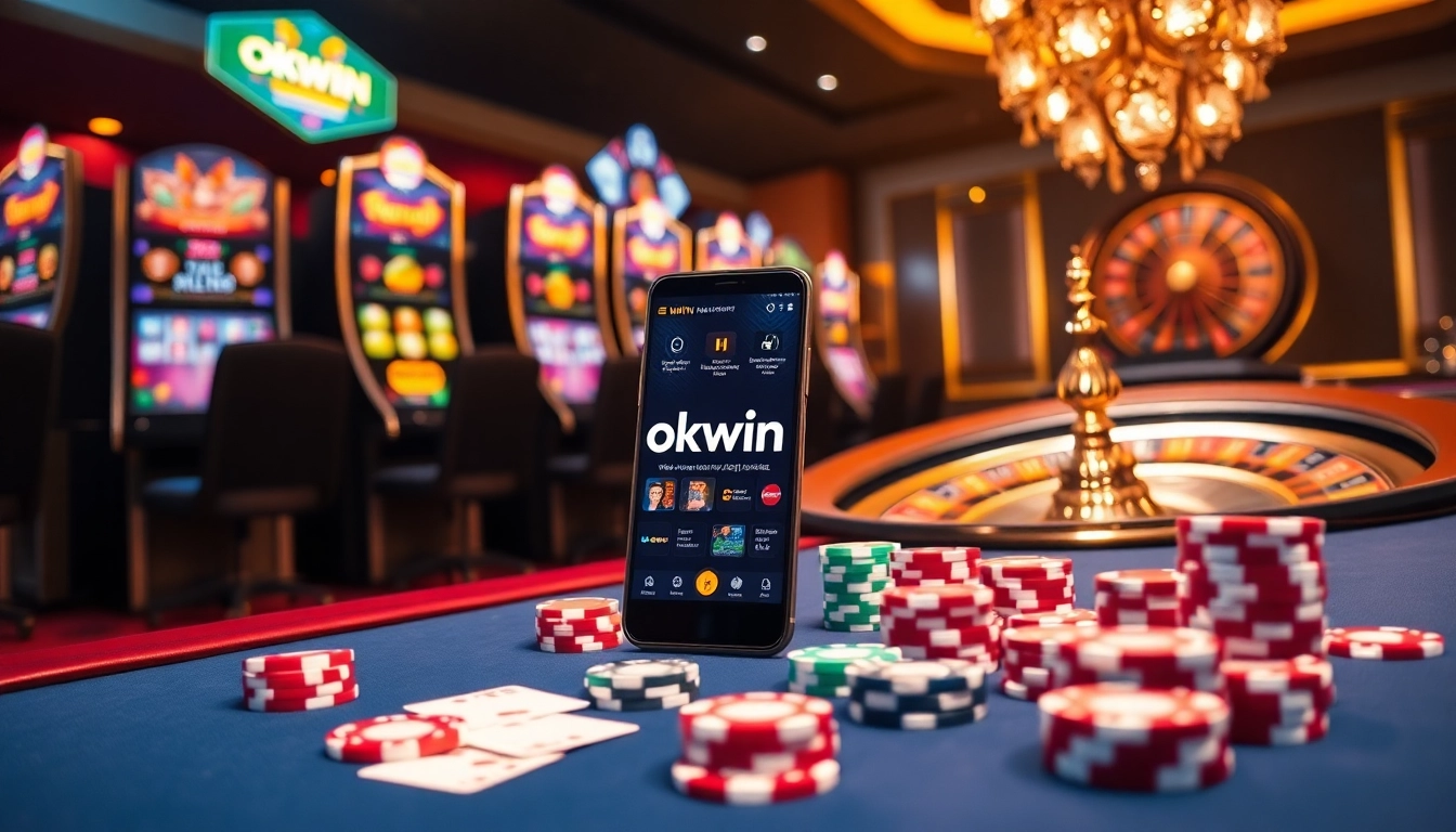Experience high-stakes gambling action in a luxurious setting featuring okwin gaming tables and slot machines.