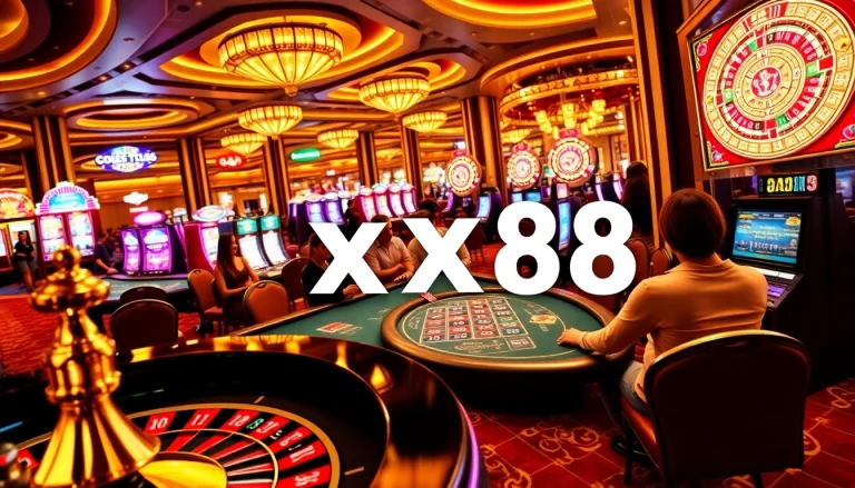 Exciting casino scene featuring xx88 poker chips and vibrant slot machines.
