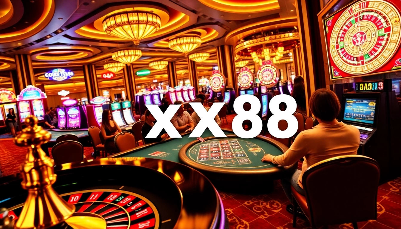 Exciting casino scene featuring xx88 poker chips and vibrant slot machines.
