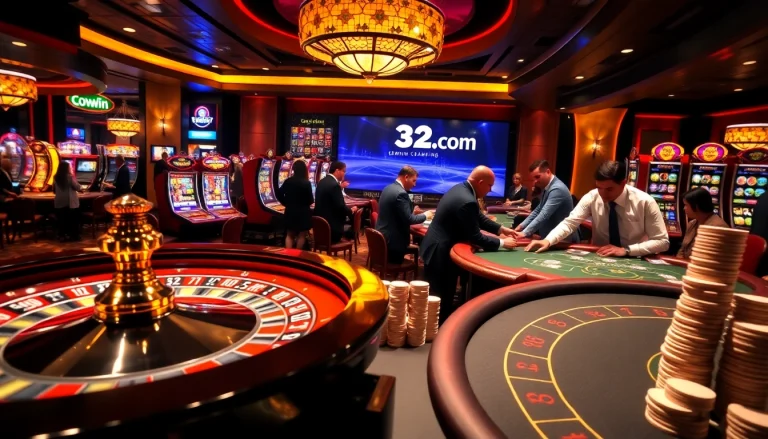 Engaging gamblers at 32win.com around vivid casino tables filled with excitement.