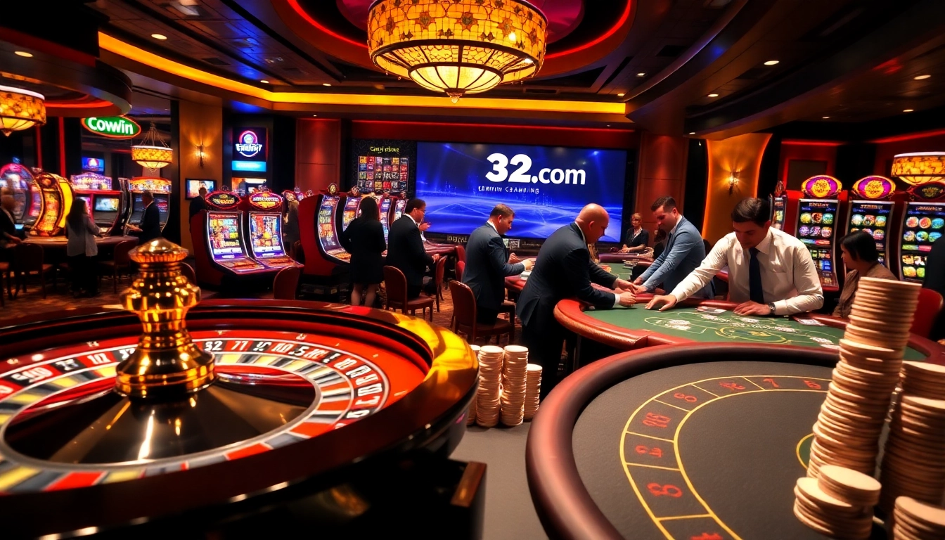 Engaging gamblers at 32win.com around vivid casino tables filled with excitement.