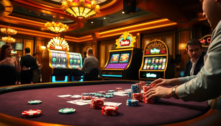 Experience thrilling gameplay at a luxurious casino featuring birutoto slot machines and vibrant poker tables.