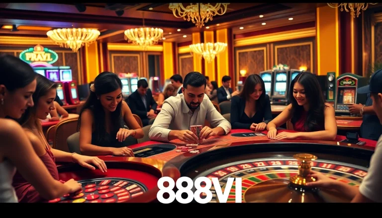 Engaged players enjoying a thrilling game at 888VI casino, showcasing excitement and luxury.