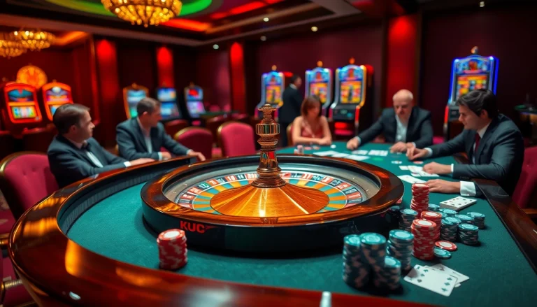 KJC enhances the gaming experience with an elegant poker table and vibrant roulette wheel.