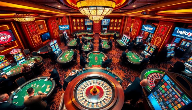 Players enjoying thrilling gambling games at a luxurious casino setting with Hello88 branding.