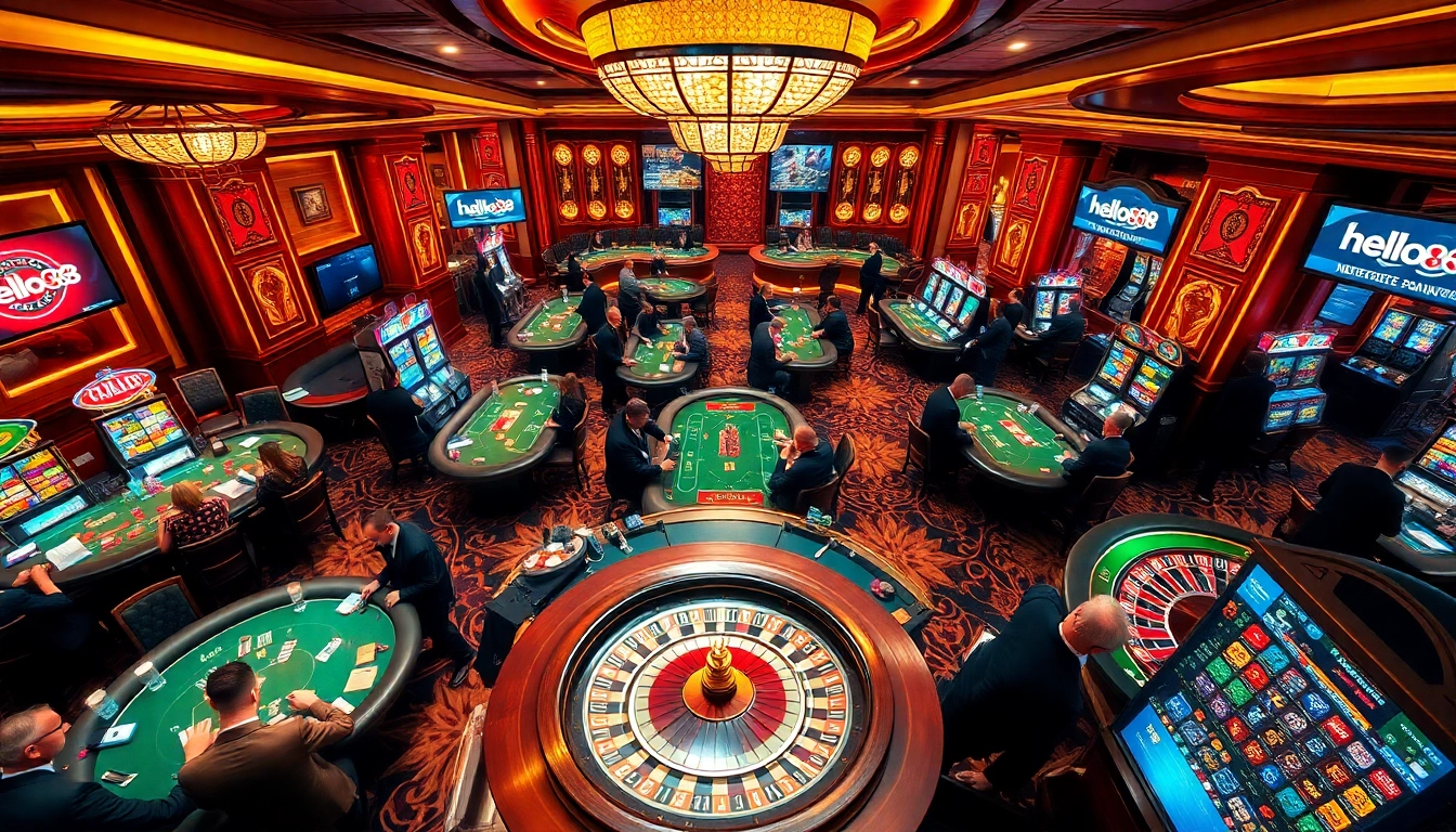 Players enjoying thrilling gambling games at a luxurious casino setting with Hello88 branding.