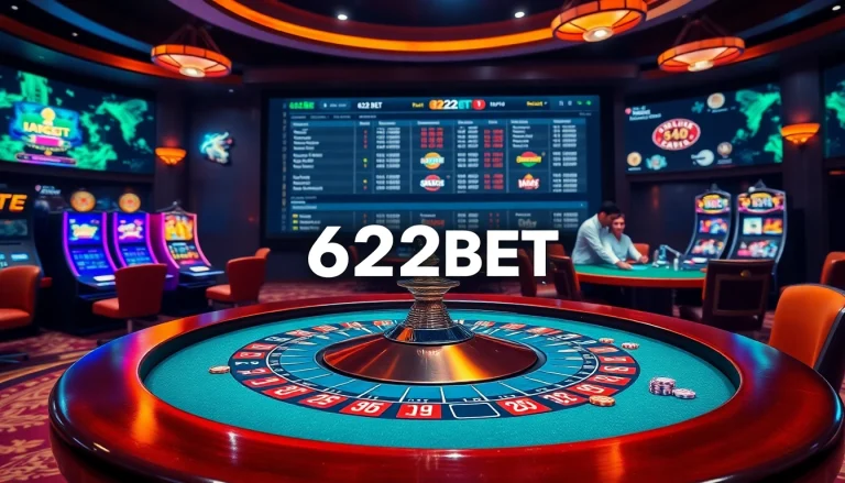 Experience thrilling gaming at 622BET with vibrant slot machines and an elegant roulette table.