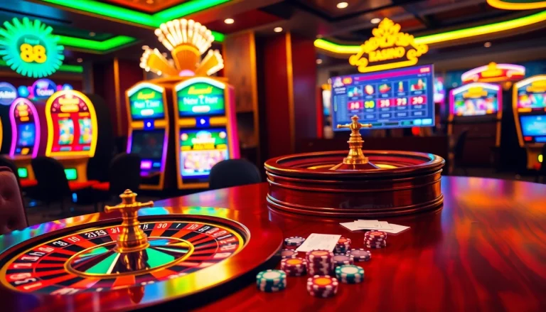 Experience the thrill of betting at new 88's luxury casino environment with vibrant tables and roulette.