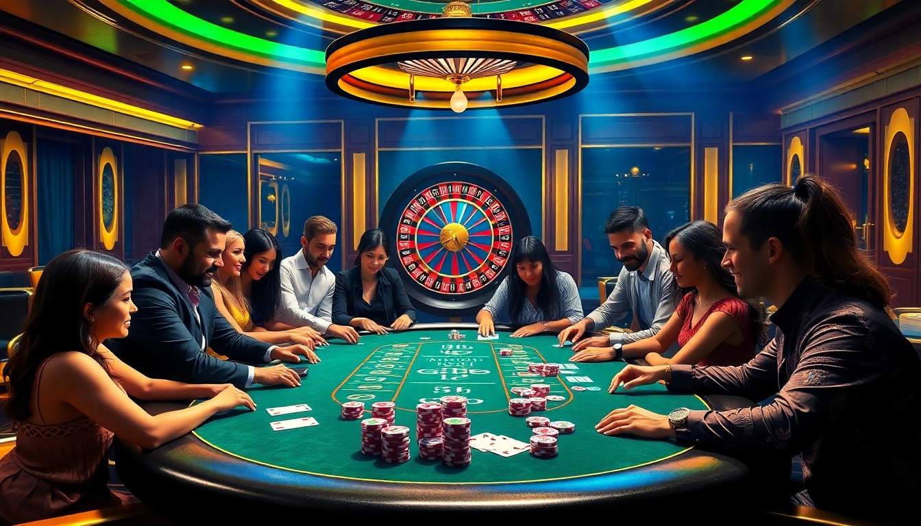 Experience the thrill of BL555 casino with players at a poker table and a roulette wheel.