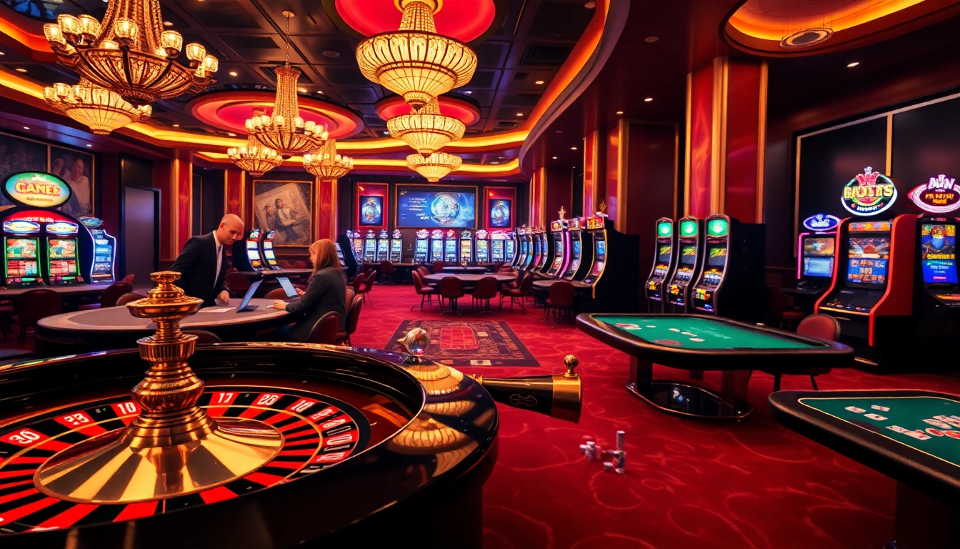 Experience thrilling gaming action at https://thabet.vegas/ with casino tables and slot machines in a vibrant atmosphere.