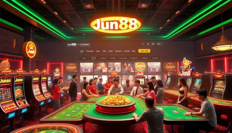 Experience excitement at the trang chủ Jun88, showcasing luxury casino gaming and vibrant slot machines.