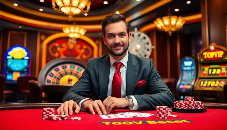 TOPVIP gambler enjoying high-stakes poker with vibrant chips and a luxurious casino backdrop.