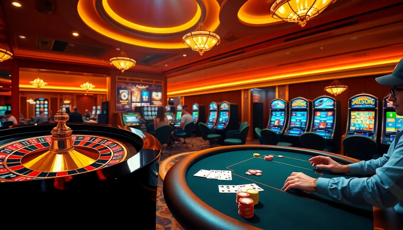 The lively atmosphere of 888now casino with players enjoying roulette and slot machines.