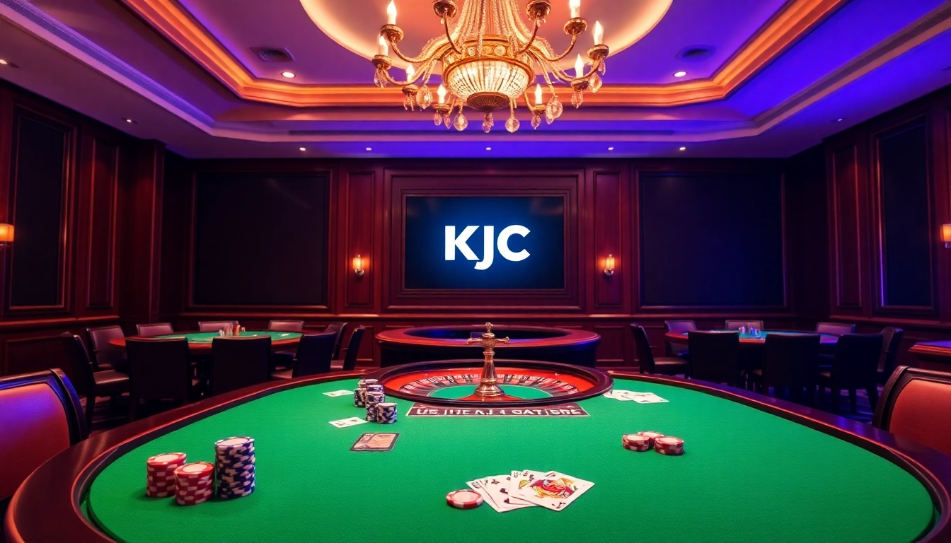 KJC logo features prominently in an elegant casino scene with poker chips and roulette wheel.