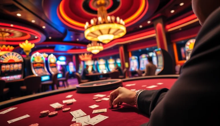 Placing bets at a luxurious casino setting at https://king888.black/ with poker chips and roulette wheels.