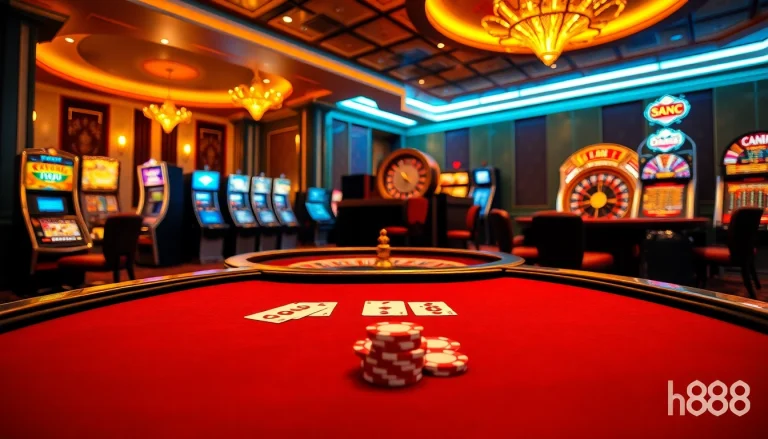 Experience the thrill of Hi88 with vibrant casino tables and exciting games under warm, inviting lights.