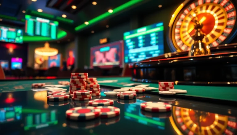 Engaging and vibrant casino scene showcasing links in gaming, featuring poker chips and roulette.