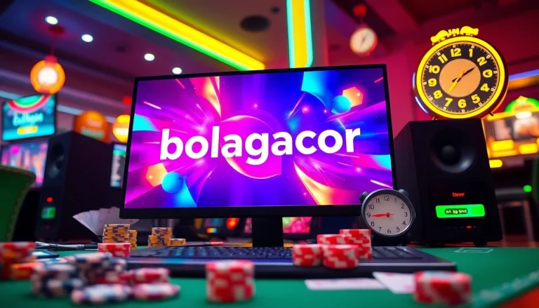 Dynamic online gambling scene featuring bolagacor promotional graphics and vibrant casino elements.