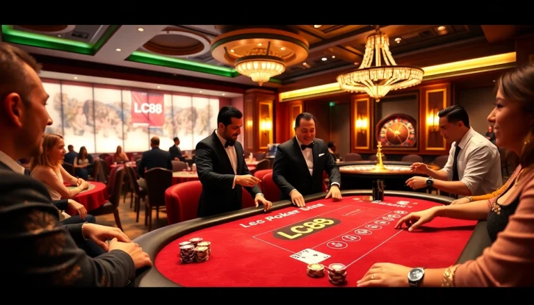 Exciting poker game at an LC88 casino table with vibrant chips and cards for enthusiastic players