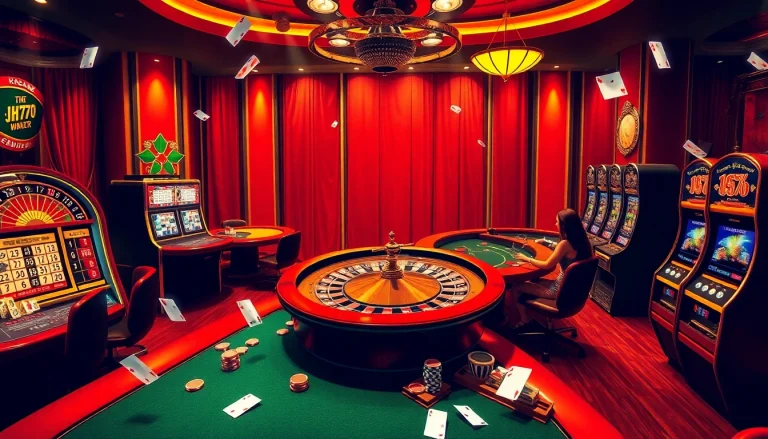 Experience the thrill of gambling with IH777 at an exciting casino environment featuring roulette and poker tables.