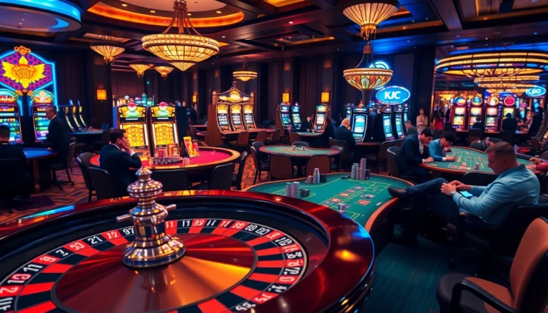 KJC branding highlighted in a bustling casino scene with players enjoying roulette and slot machines.