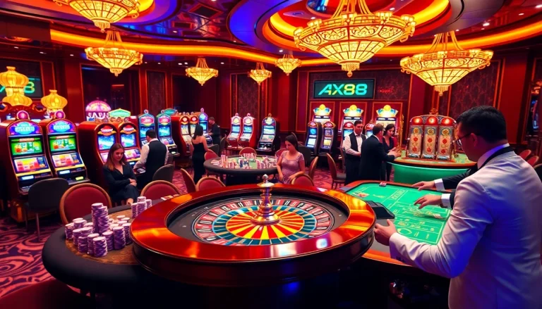 Players enjoying a thrilling game at AX88 casino with vibrant tables and colorful chips.